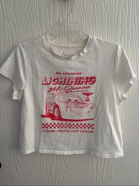 Disney Pixar Cars Cropped White Tee with Red Lightning McQueen Graphic